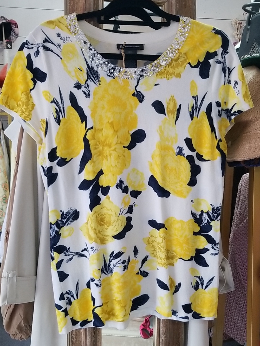 Embellished Yellow Floral Short Sleeve Top - Women's